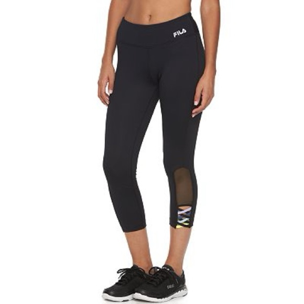 FILA SPORT Performance Yoga Leggings Capri Cropped Lace Up Mesh Hems